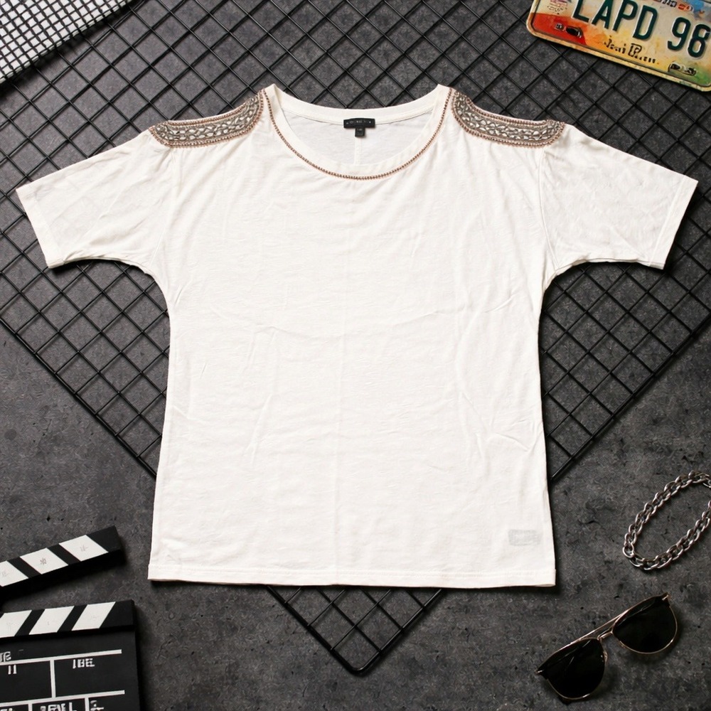 Lane Bryant 14‎ 16 XL White Cold Shoulder Embroidered Slub Knit Top Boho
